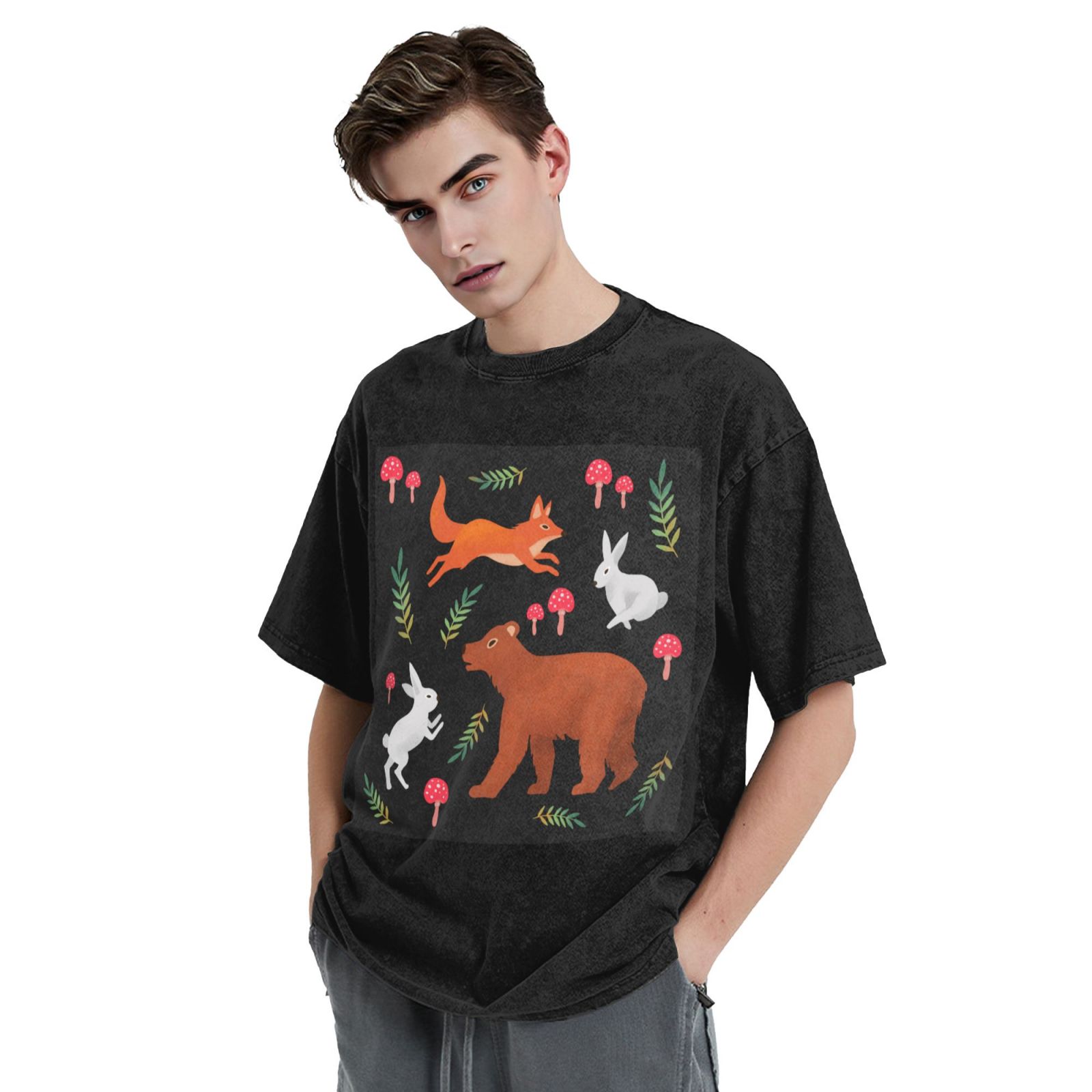 Men's Vintage Oversized T-Shirts Jumping little fox