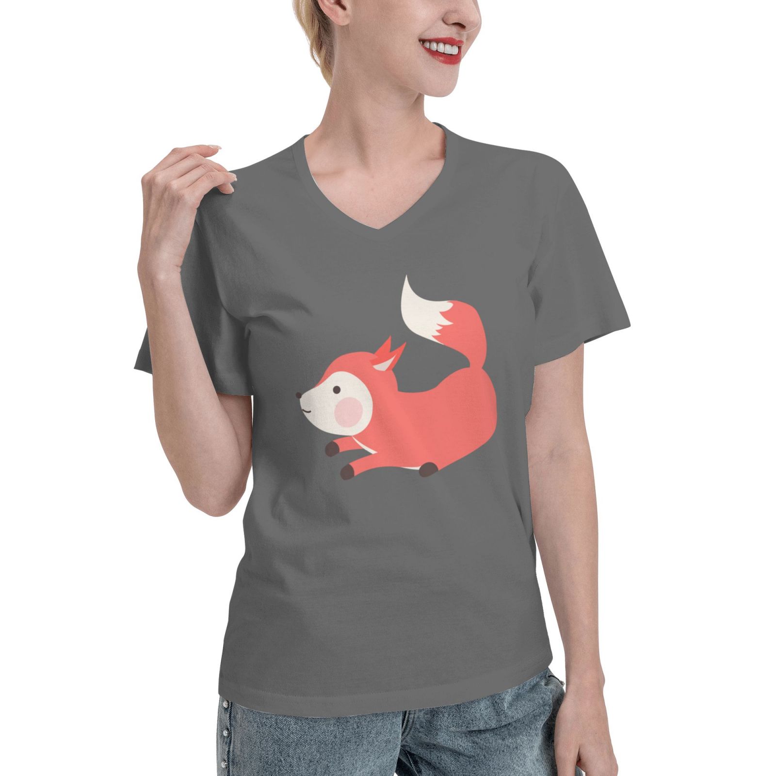 Women's V Neck T Shirts Running white fox