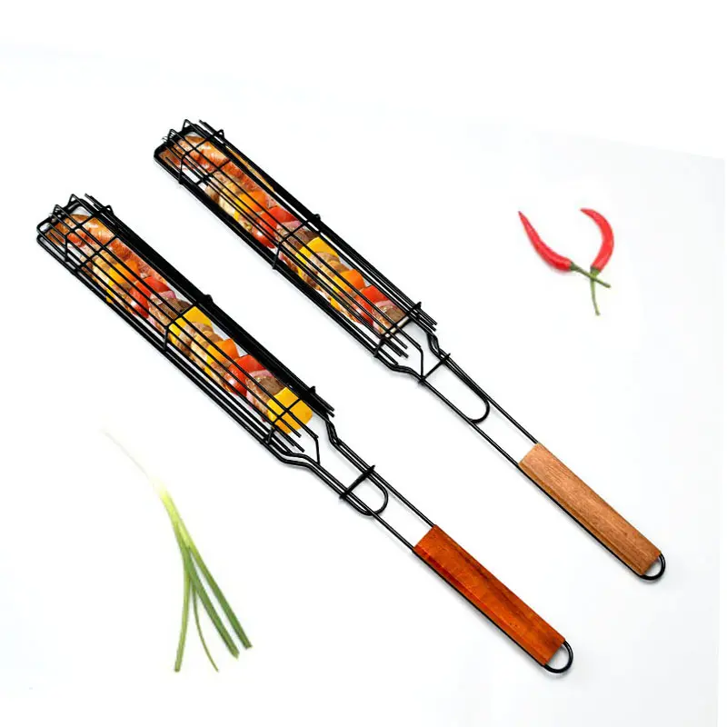 BBQ Grill Basket Wooden Handle Wire Mesh Grill Net BBQ Tools for Meat Fish Vegetable Outdoor Camping