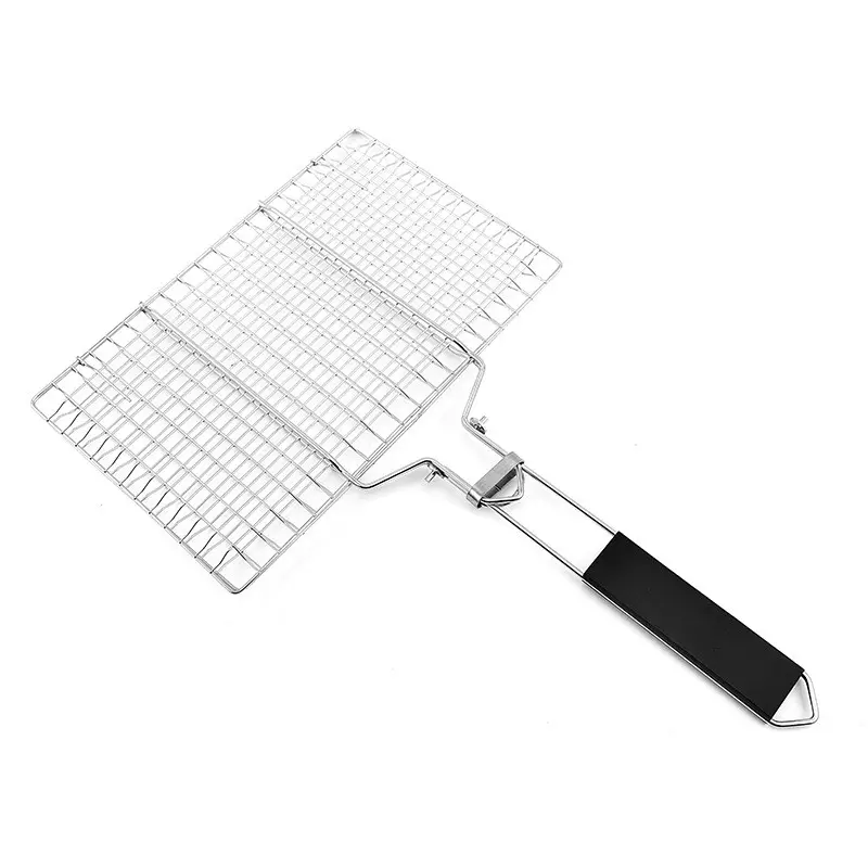 Stainless Steel BBQ Tool Vegetable Fish Grill Net Clip Wooden Handle Barbecue Wire Mesh Rack Basket