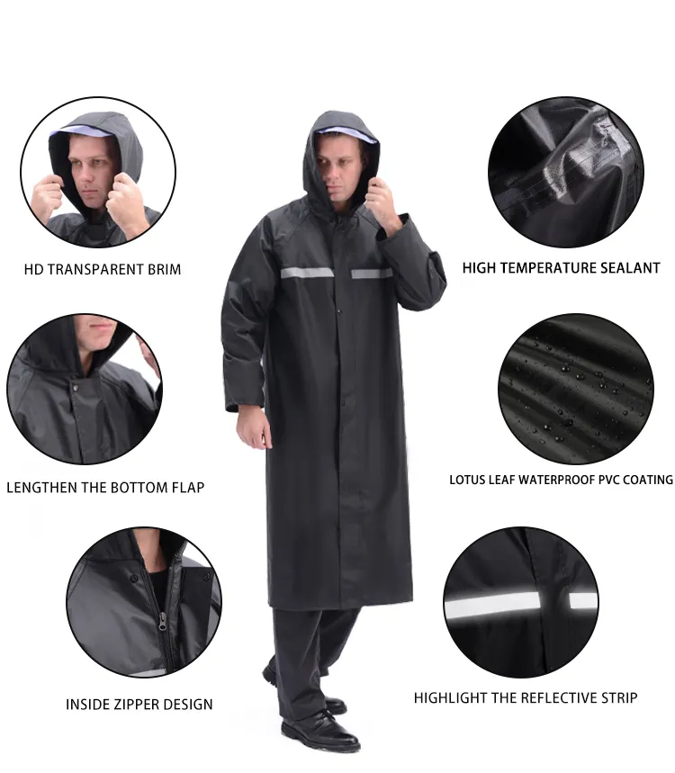 Long Waterproof PVC-Coated Raincoat Black Oxford Cloth for Outdoor Hiking Travel Boys and Girls Adults