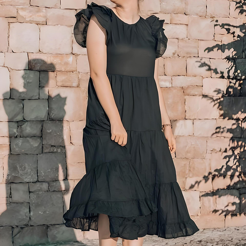 Layered Ruffle Round Neck Midi Dress in Black