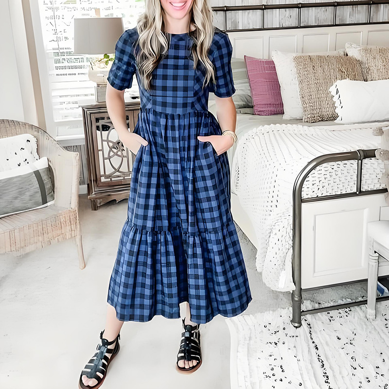 Cotton navy short sleeve round neck plaid Maxi dress