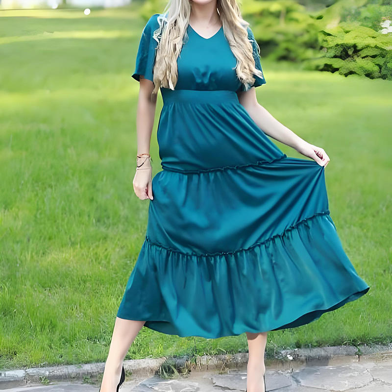 Women's V-Neck Short Flutter Sleeve Tiered Maxi Dress