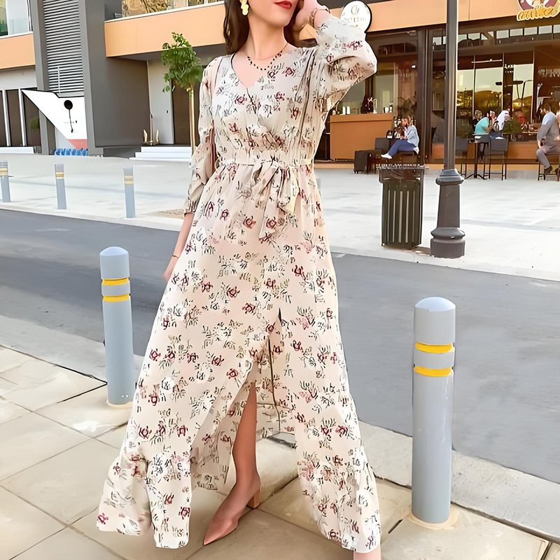 Long Sleeve Floral Print V-Neck Split Maxi Dress