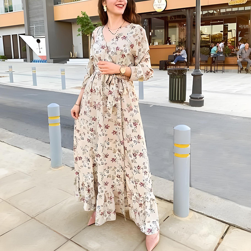 Long Sleeve Floral Print V-Neck Split Maxi Dress