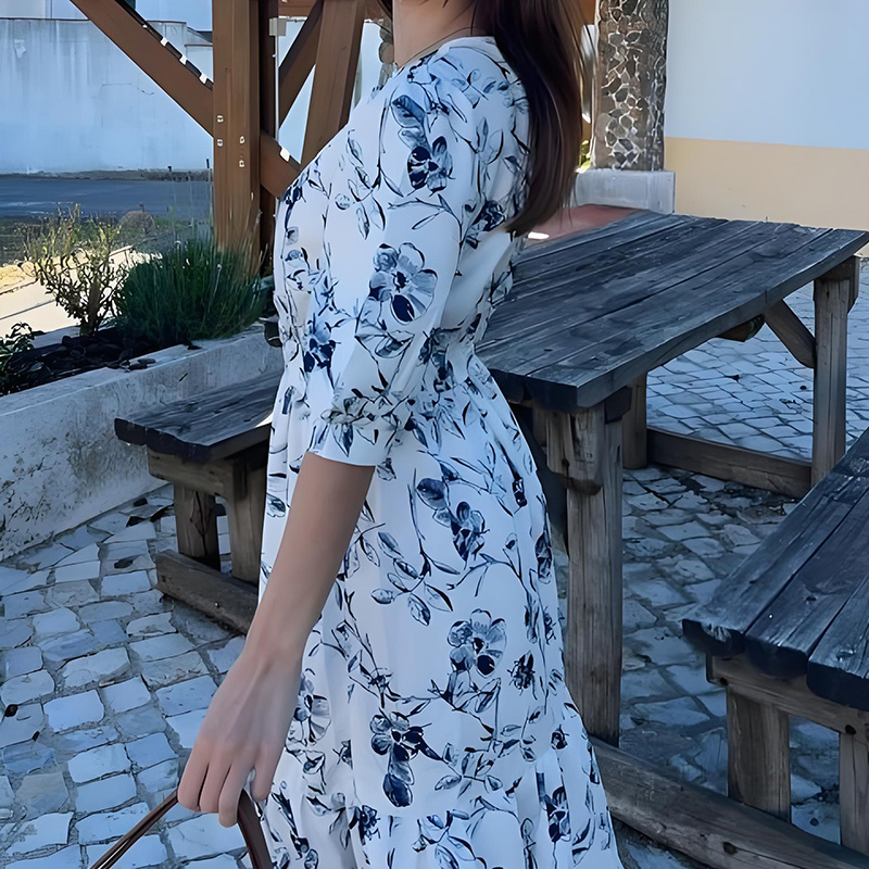 A-line floral print half-sleeve V-neck Maxi dress