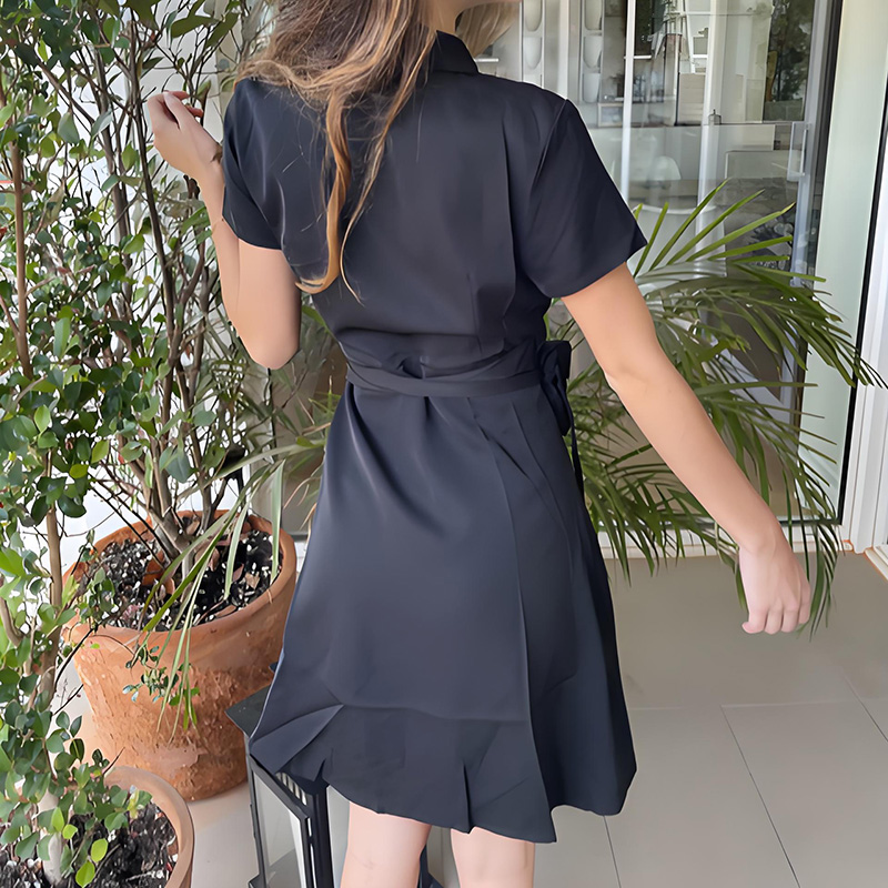 Waisted Black Short Sleeve Bow Tie Mini Dress