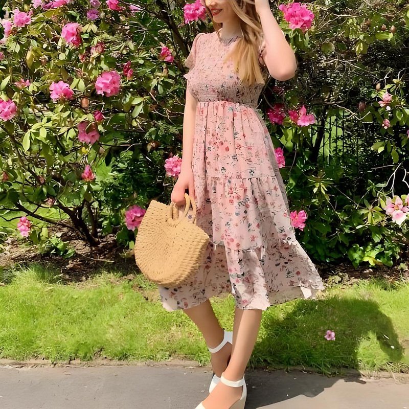 Ladylike Pink Floral Short Sleeve Round Neck Slim Midi Dresses