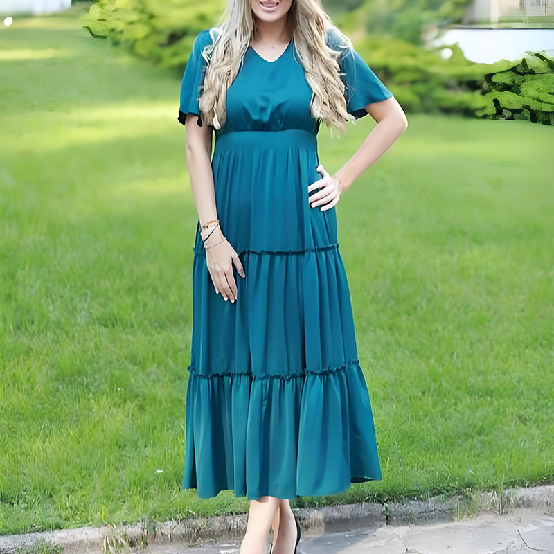 Women's V-Neck Short Flutter Sleeve Tiered Maxi Dress