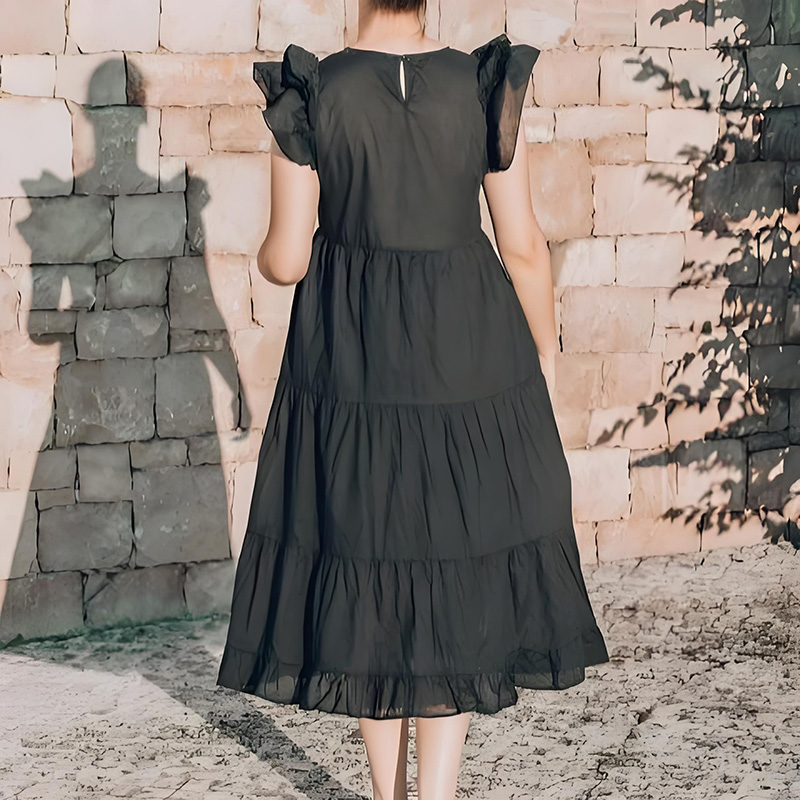 Layered Ruffle Round Neck Midi Dress in Black