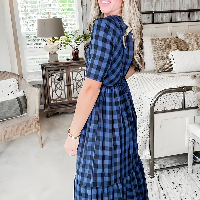 Cotton navy short sleeve round neck plaid Maxi dress