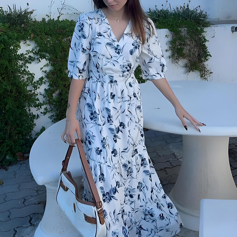 A-line floral print half-sleeve V-neck Maxi dress