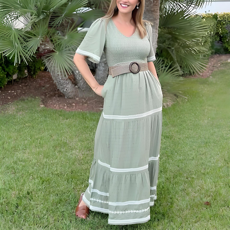 V-Neck Short Sleeve Olive Swiss Dots Smocked Layered Midi Dress