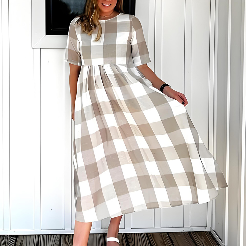 Waisted Plaid Half Sleeve Round Neck Maxi Dress with Pockets