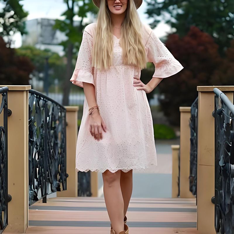 Long Flared Sleeve V Neck Blush Seven Points Waist Cotton Halter Dress