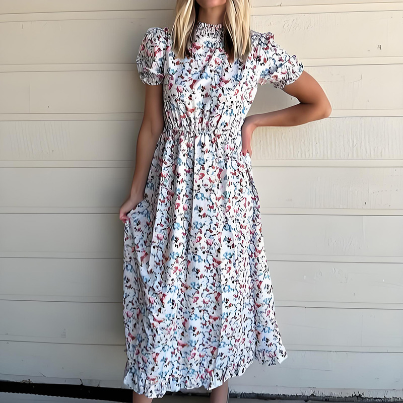 Short Sleeve Maxi Dress with Tender Floral High Ruffle Neck