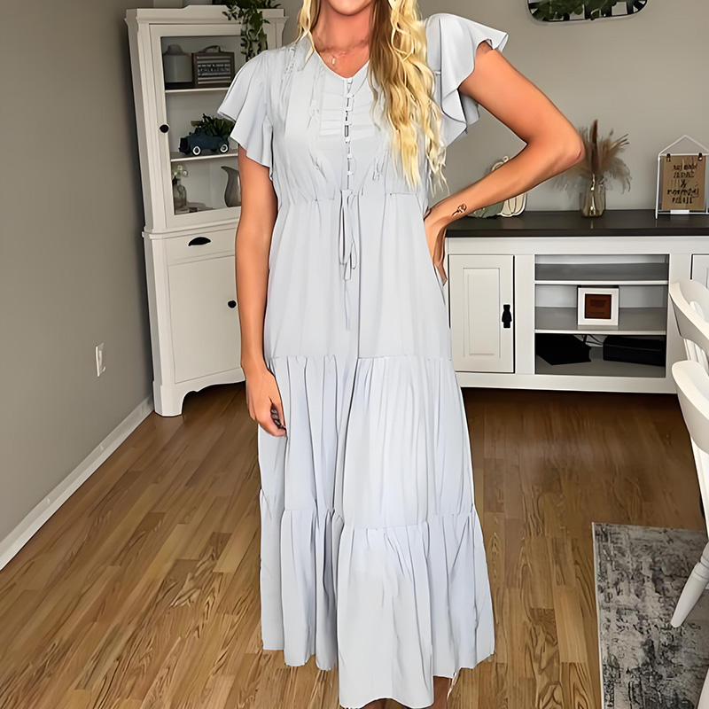 Short Sleeve V-Neck Buttoned Ruffle Maxi Dress