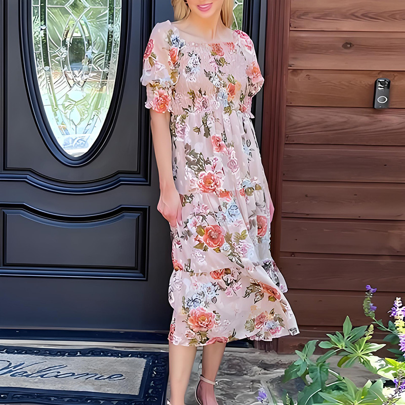 Half Sleeve Square Neck Floral Blouse Midi Dress