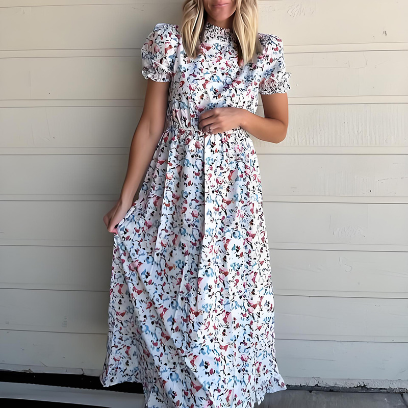 Short Sleeve Maxi Dress with Tender Floral High Ruffle Neck