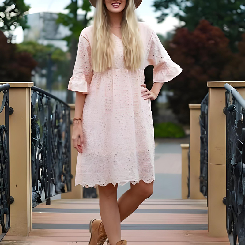 Long Flared Sleeve V Neck Blush Seven Points Waist Cotton Halter Dress