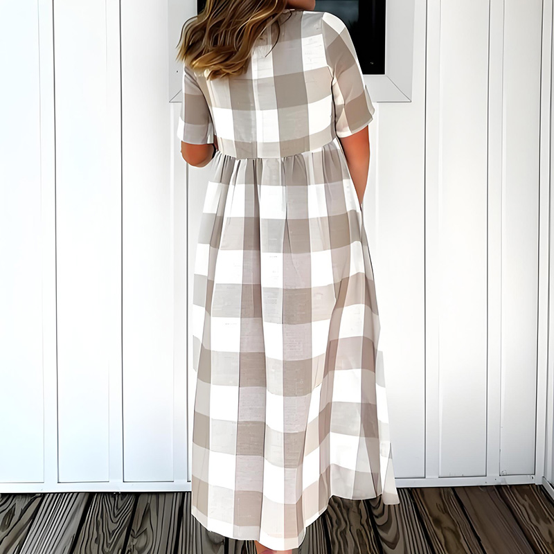 Waisted Plaid Half Sleeve Round Neck Maxi Dress with Pockets