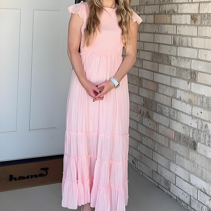 High Neck Smocked Light Pink Short Sleeve Ruffle Tier Maxi Dress