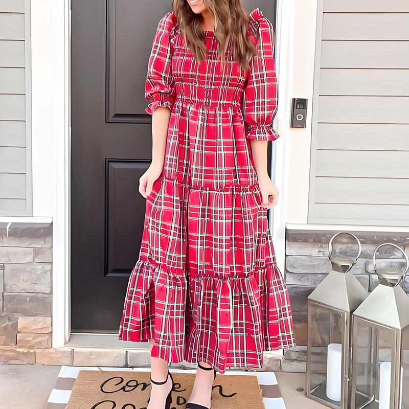 Square Neck Red Plaid Pleated Dress with Seven-Part Sleeves