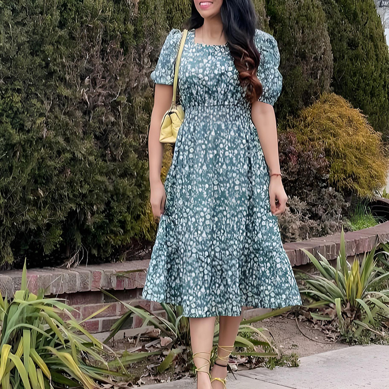 Elasticized Waist Short Sleeve Square Neck Green Floral Midi Dress