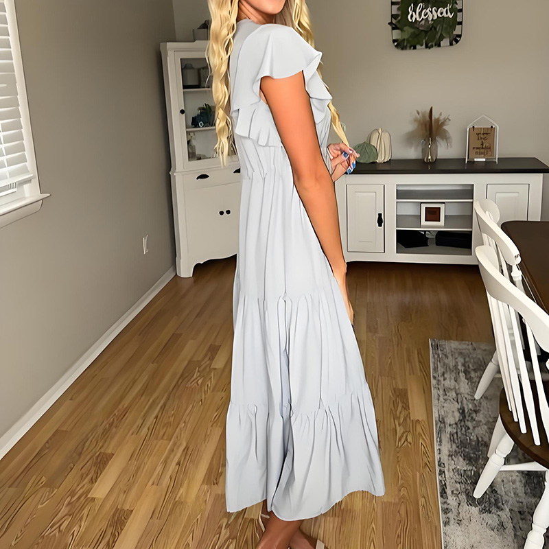 Short Sleeve V-Neck Buttoned Ruffle Maxi Dress