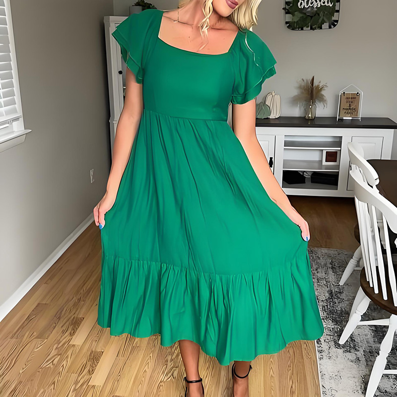 Short Sleeve Square Leader Evergreen Ruffle Mouth Layered Midi Dresses