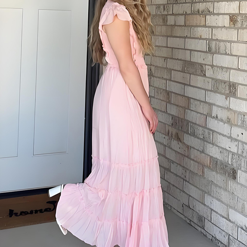 High Neck Smocked Light Pink Short Sleeve Ruffle Tier Maxi Dress