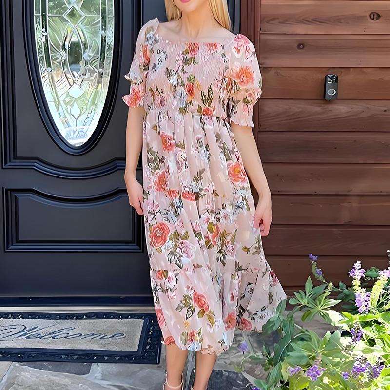 Half Sleeve Square Neck Floral Blouse Midi Dress