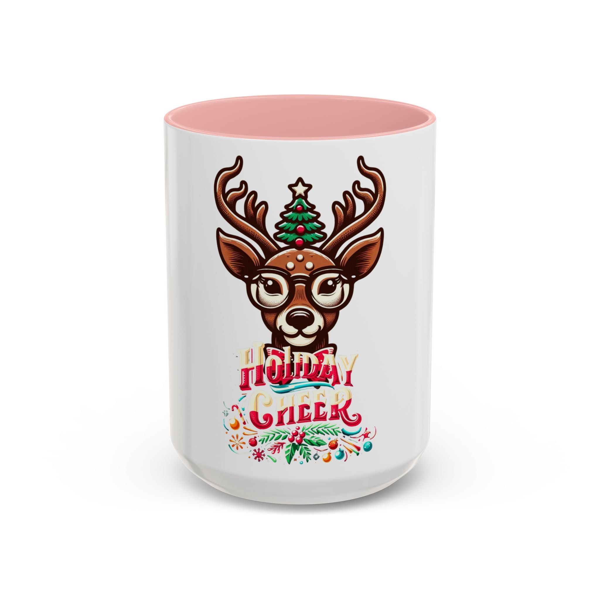 Accent Coffee Mug | Holiday Design 'Holiday Cheer' | Available in 11oz & 15oz | White Ceramic with Colored Interior & Handle