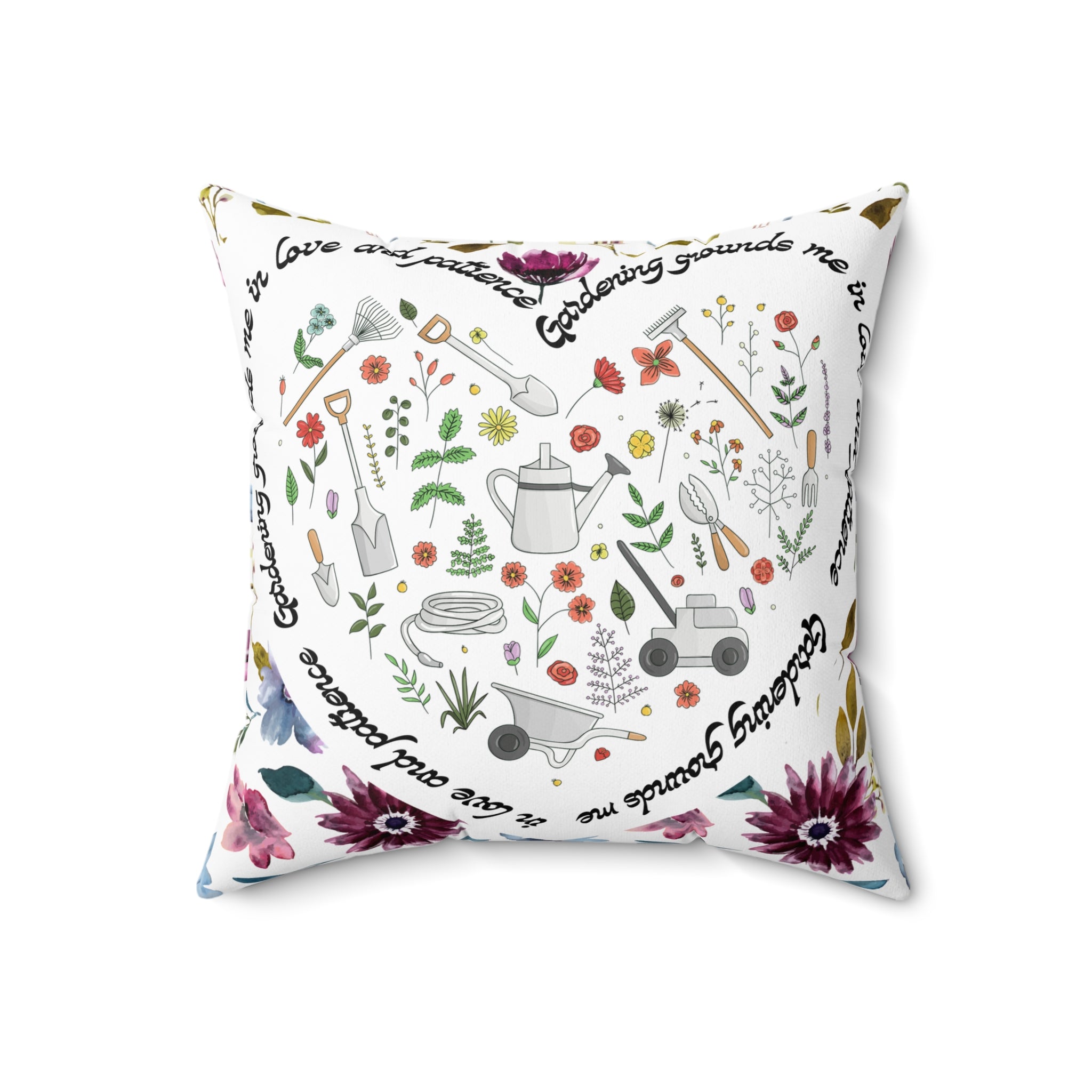 Garden Design Spun Polyester Square Pillow | 'Gardening Grounds Me in Love and Patience' | Double-Sided Print | Home Decor Accent