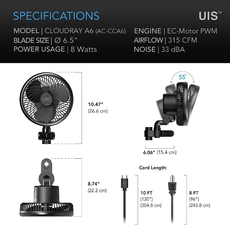 AC Infinity CLOUDRAY Grow Tent Clip Fan
