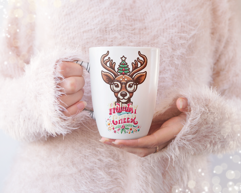 Accent Coffee Mug | Holiday Design 'Holiday Cheer' | Available in 11oz & 15oz | White Ceramic with Colored Interior & Handle