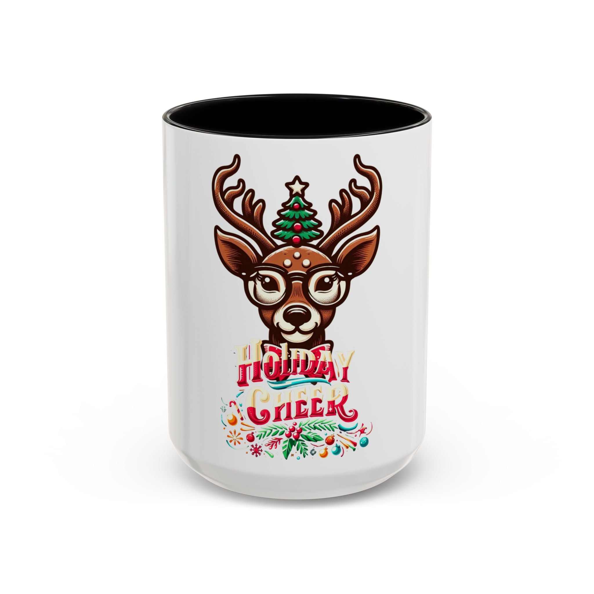 Accent Coffee Mug | Holiday Design 'Holiday Cheer' | Available in 11oz & 15oz | White Ceramic with Colored Interior & Handle