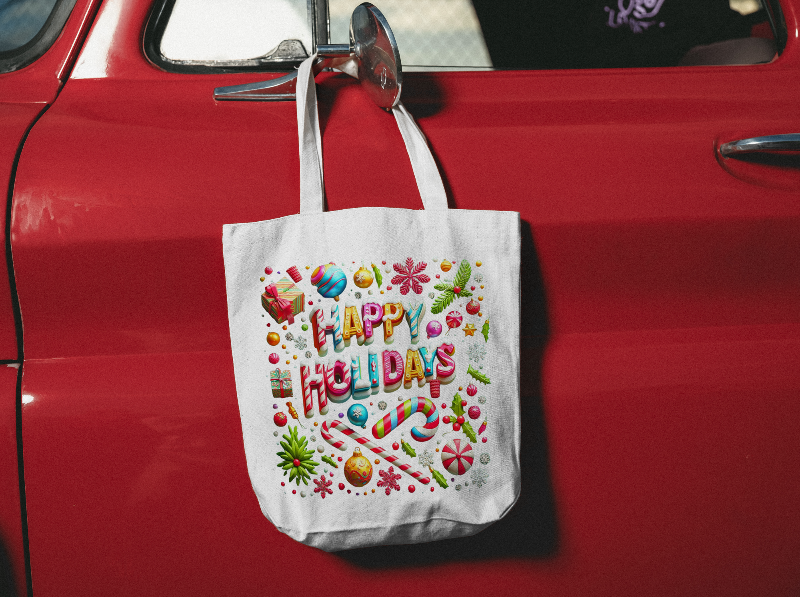 Garden Holiday Tote Bag with 5-Color Straps | 'Happy Holiday' Design | 100% Polyester Canvas