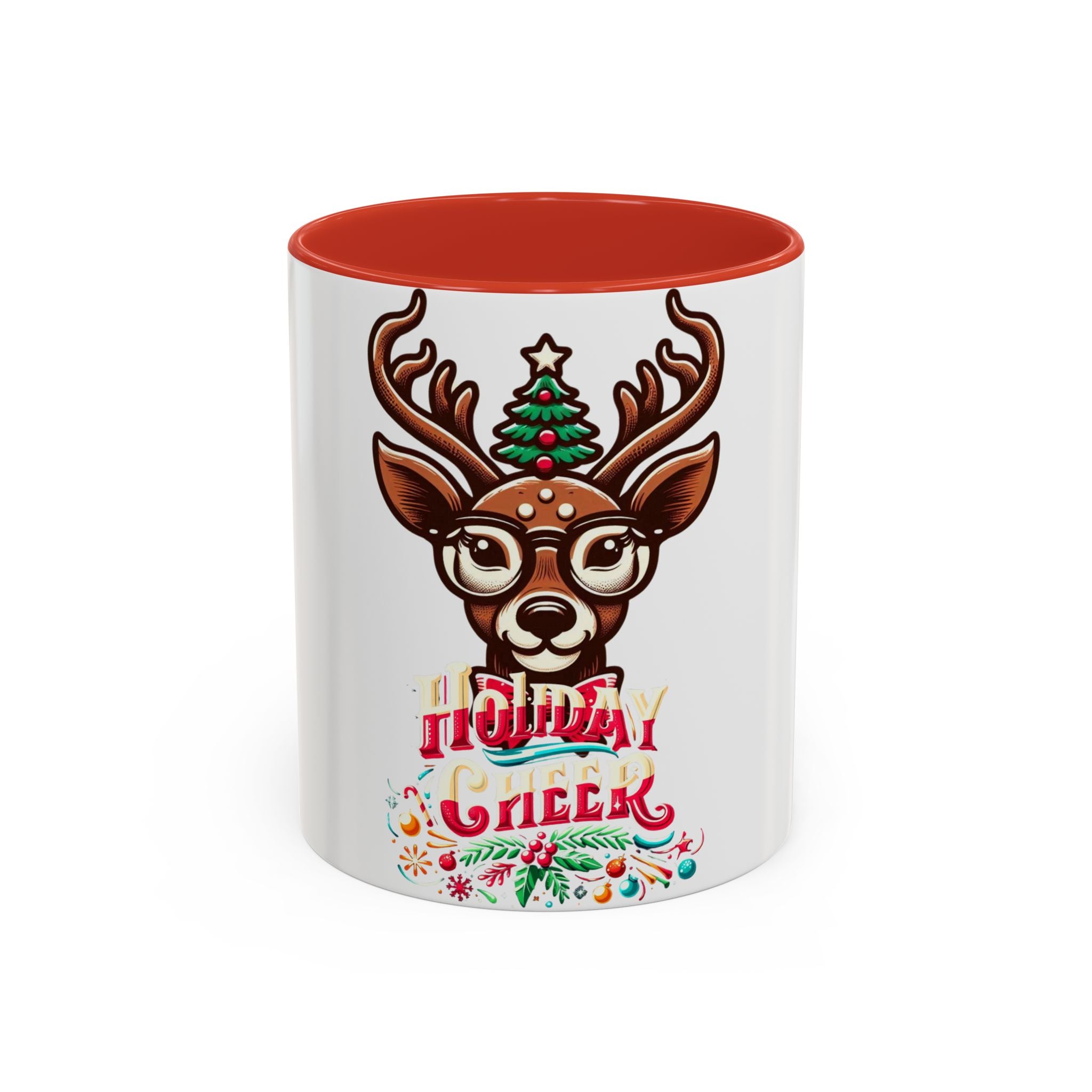 Accent Coffee Mug | Holiday Design 'Holiday Cheer' | Available in 11oz & 15oz | White Ceramic with Colored Interior & Handle