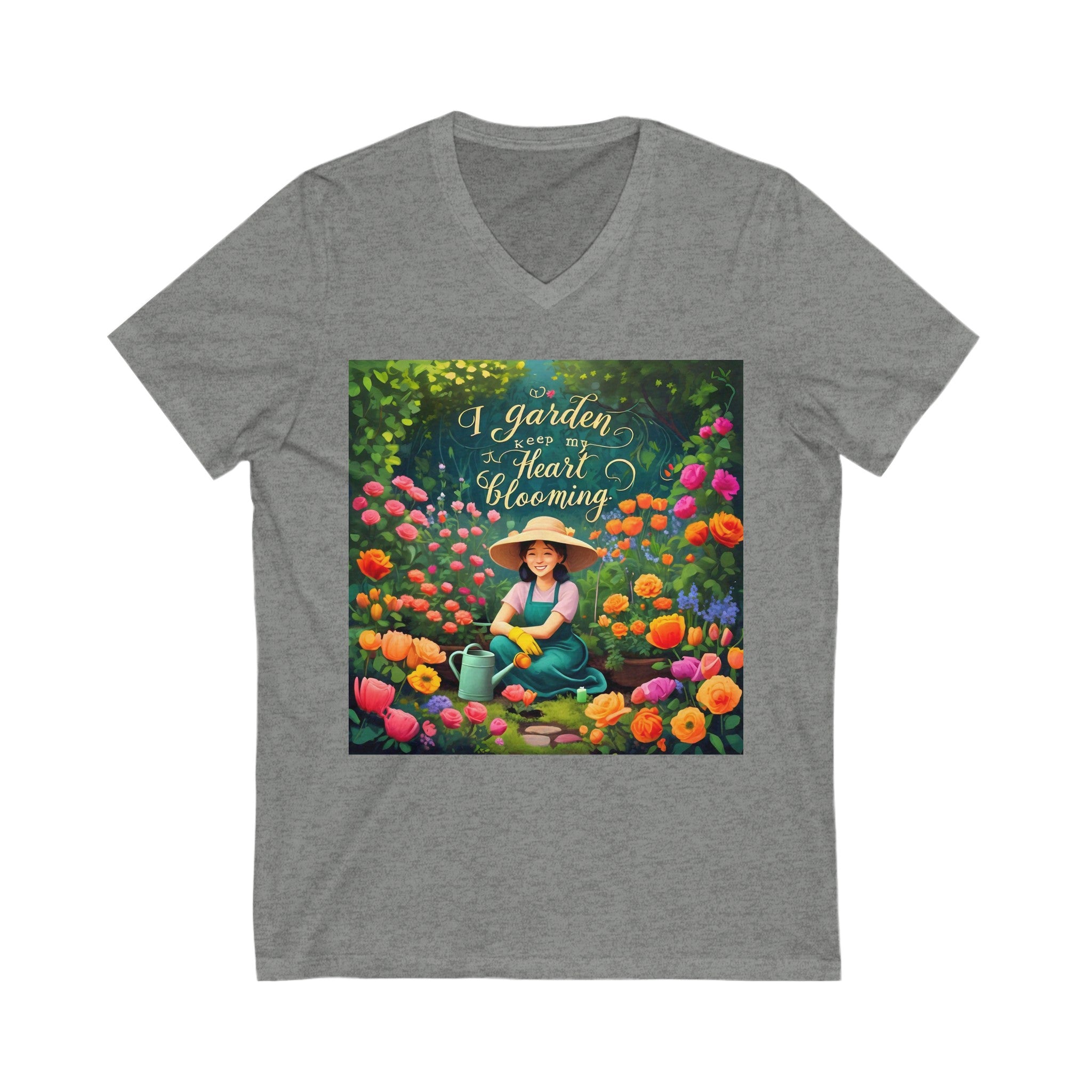 Garden Quote Unisex V-Neck Tee | Bella+Canvas 3005 | Lightweight Cotton T-Shirt | 'I Garden to Keep My Heart Blooming