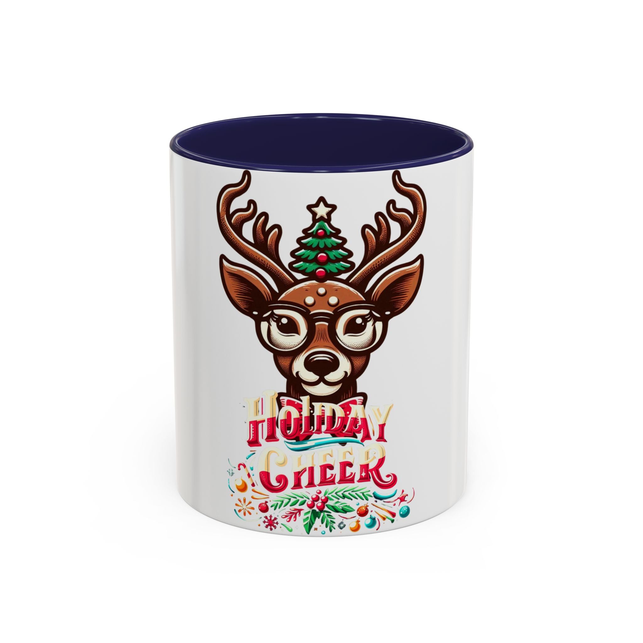 Accent Coffee Mug | Holiday Design 'Holiday Cheer' | Available in 11oz & 15oz | White Ceramic with Colored Interior & Handle