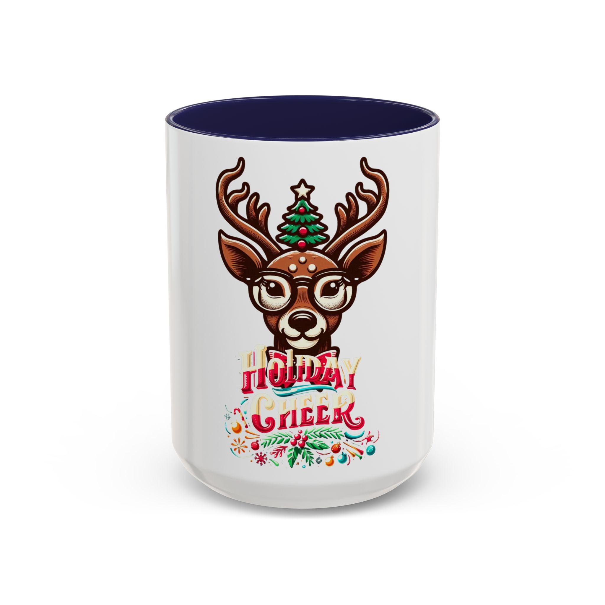 Accent Coffee Mug | Holiday Design 'Holiday Cheer' | Available in 11oz & 15oz | White Ceramic with Colored Interior & Handle