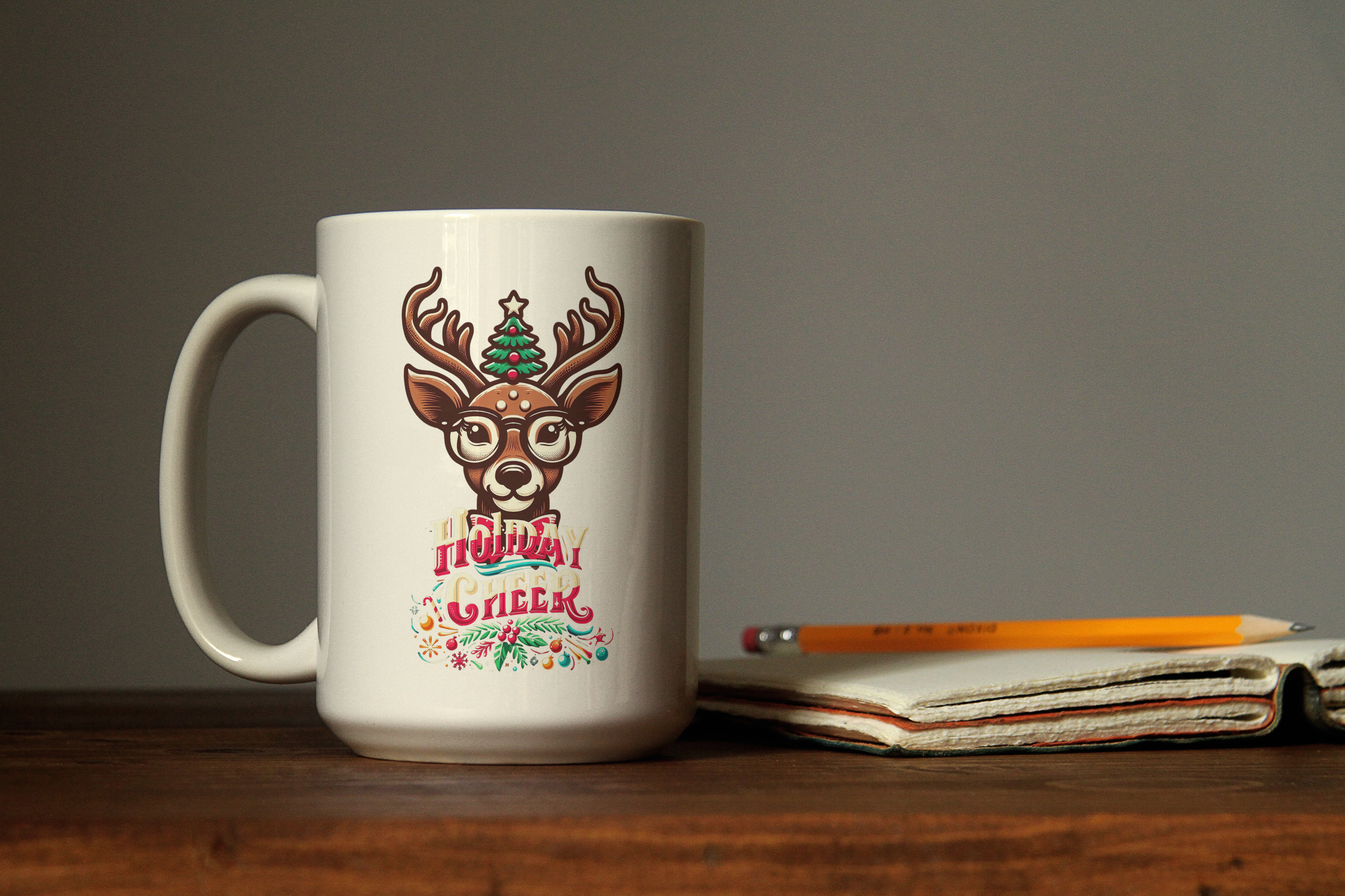 Accent Coffee Mug | Holiday Design 'Holiday Cheer' | Available in 11oz & 15oz | White Ceramic with Colored Interior & Handle