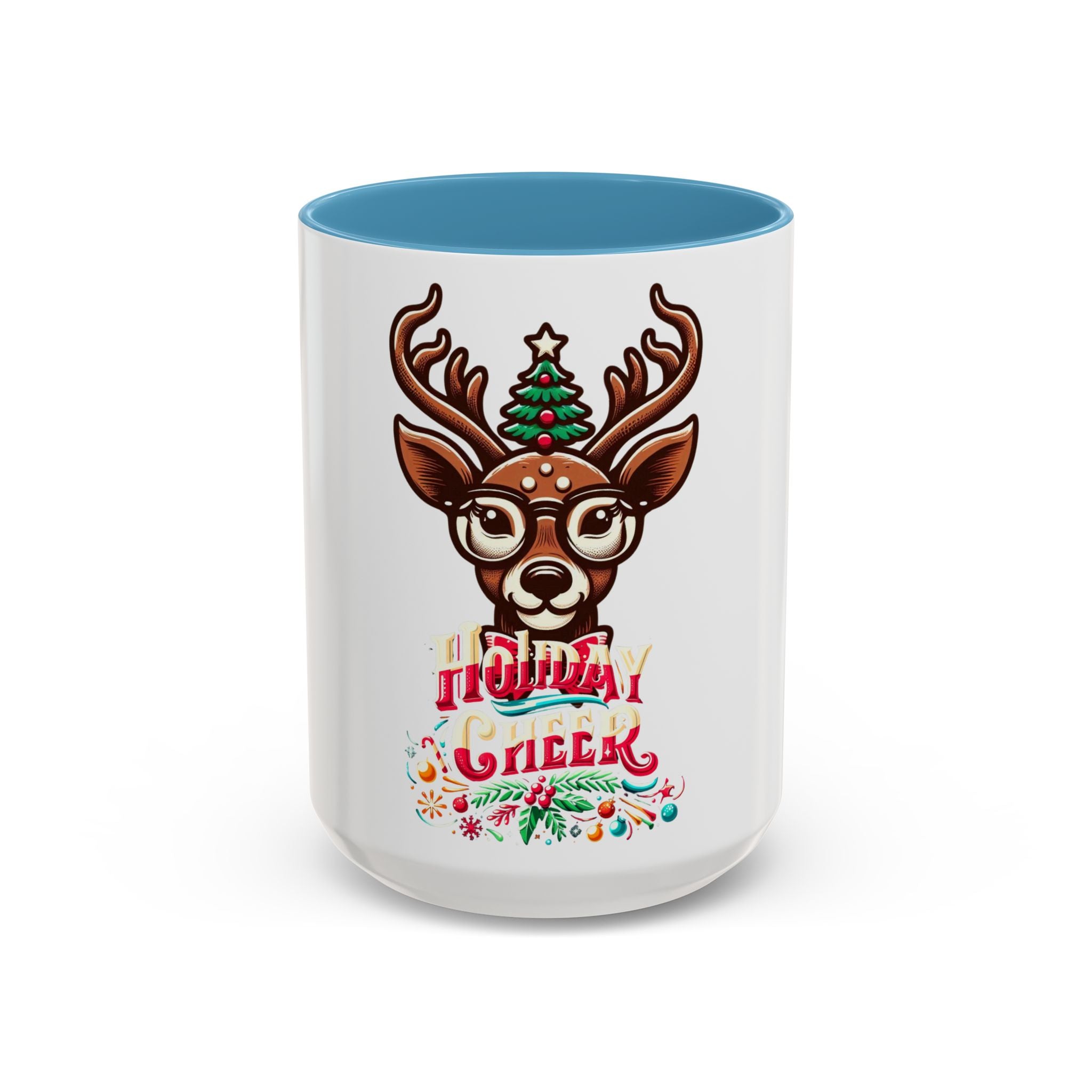 Accent Coffee Mug | Holiday Design 'Holiday Cheer' | Available in 11oz & 15oz | White Ceramic with Colored Interior & Handle