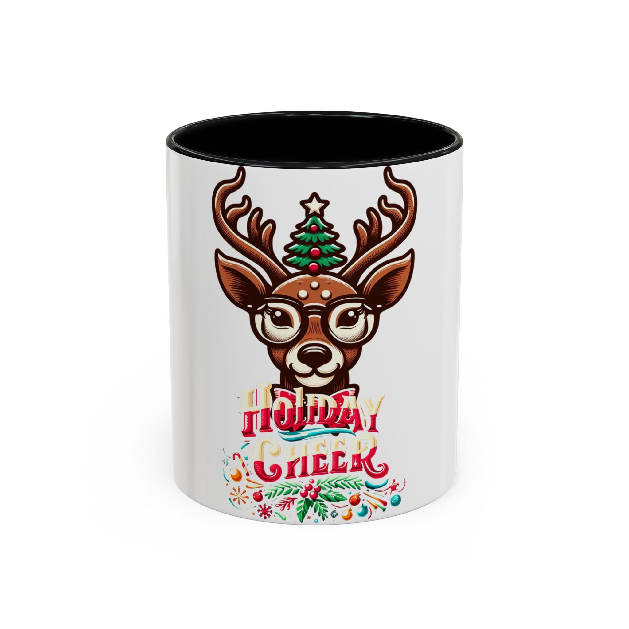 Accent Coffee Mug | Holiday Design 'Holiday Cheer' | Available in 11oz & 15oz | White Ceramic with Colored Interior & Handle