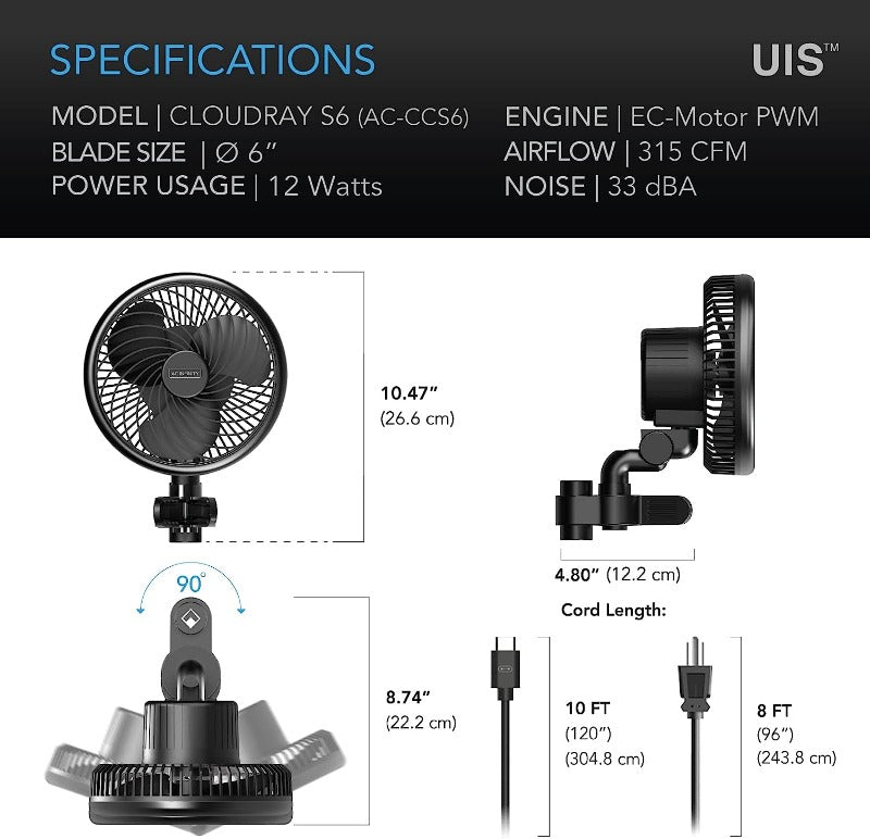 AC Infinity CLOUDRAY Grow Tent Clip Fan