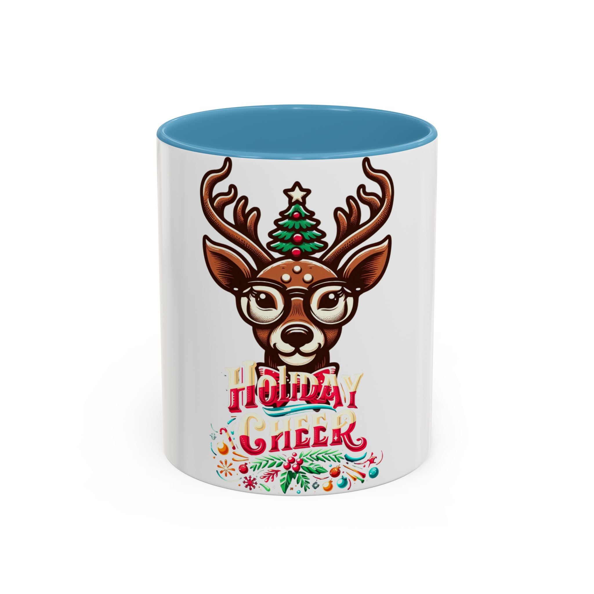 Accent Coffee Mug | Holiday Design 'Holiday Cheer' | Available in 11oz & 15oz | White Ceramic with Colored Interior & Handle