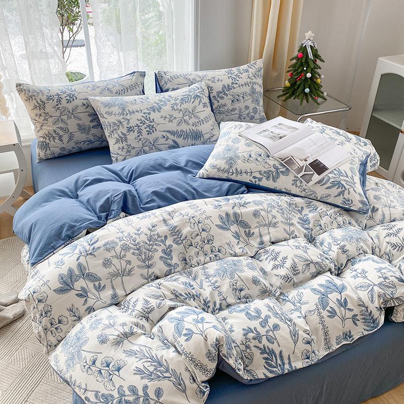 Printed Queen Size Double Bed 4 Piece Comforter Set Botanical Pattern Apartment Dormitory All Season Bedding Comforter