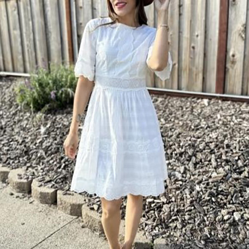 Short Sleeve Round Neck White Rayon Zipper Mini Dress